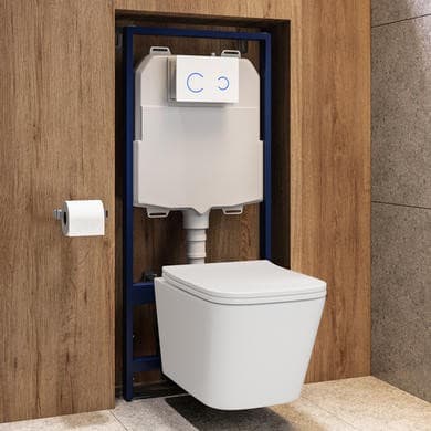 Wall Hung Toilet with Soft Close Seat, White Glass Sensor Flush Plate, 1168mm Frame & Cistern - Albi