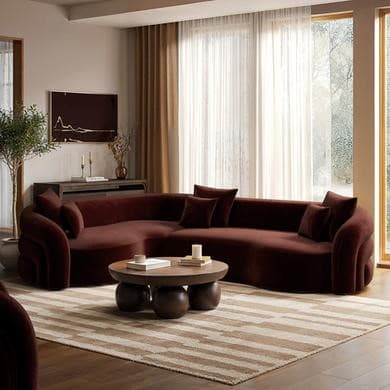 Deep Red Velvet Left Hand Facing 4 Seater Curved Corner Sofa - Zuri