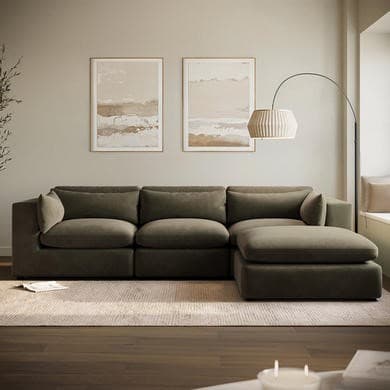 Large Khaki Green Velvet Reversible 4 Seater Chaise Corner Sofa - Hudson