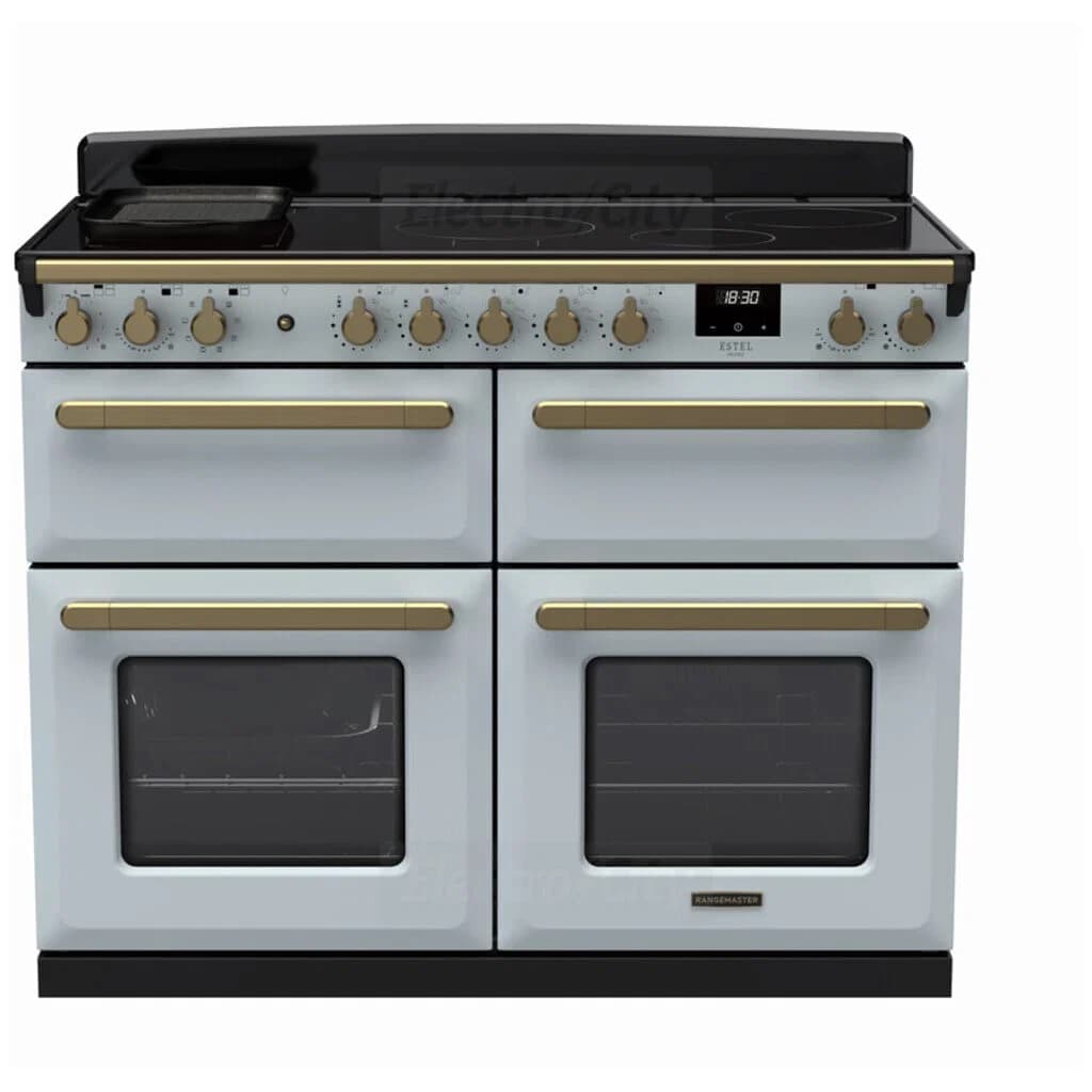 Rangemaster Estel Deluxe 110cm Induction Range Cooker with Slow Cook Oven | Misty Blue with Brass Trim