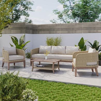 5 Seater Beige Rattan Garden Sofa Set with Wooden Coffee Table