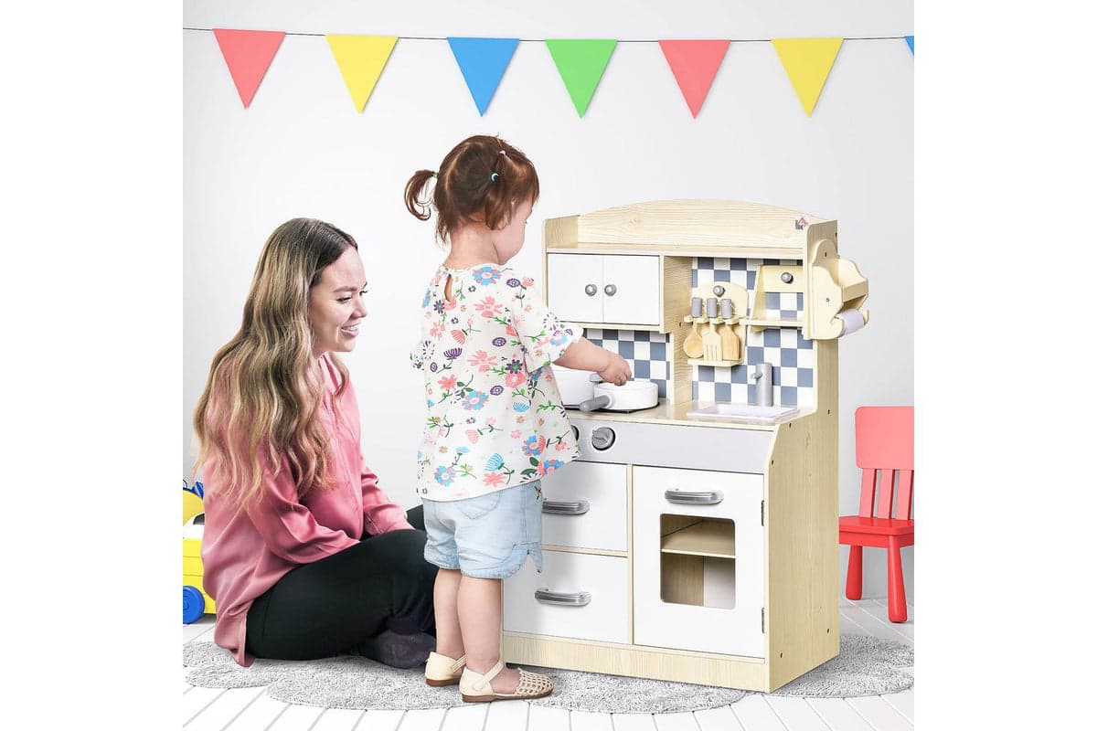 Homcom 350-107 Kids Wooden Kitchen Playset | Nature Wood/White