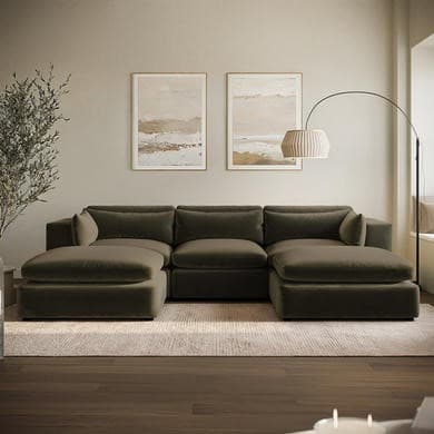 Khaki Green Velvet 5 Seater U-Shape Sofa - Hudson