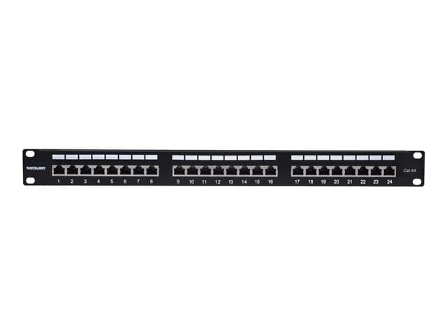 Intellinet Patch Panel, Cat6a, FTP, 24-Port, 1U, Shielded, 90° Top-Entry Punch Down Blocks, Black