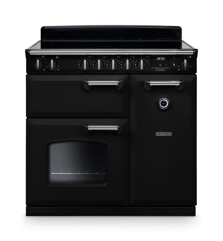 Rangemaster,CLA90EIBL/C, Classic 90 CLA90EIBL/C 90cm Induction Range Cooker 5 Zones Boost 2 Fanned Ovens Separate Grill A Energy, Black & Chrome