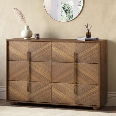 Wide Walnut Mid-Century 6 Drawer Chest of Drawers with Parquet Finish - Nikita