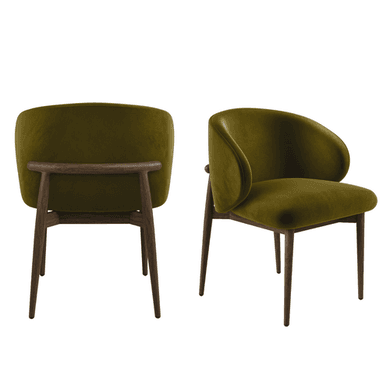 Set of 2 Walnut and Olive Green Upholstered Curved Dining Chairs with Solid Wood Exposed Back - Kori
