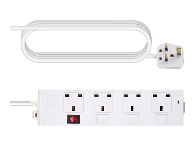 VISION - Four UK sockets - overload protection - housing made of flame retardant polycarbonate - 1.8 m power cable with 0.7656 mm standard copper wire - 50 micron nickel-plated phosphor bronze connecting strips - internal wiring 1 mm2 copper wire - UKCA ROHS and U