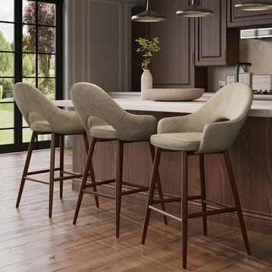 Set of 3 Walnut and Beige Faux Leather Kitchen Stools with Back - Colbie