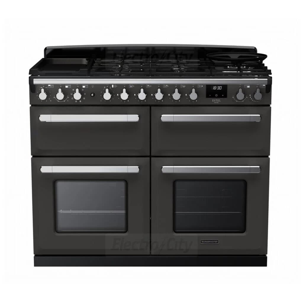 Rangemaster Estel Deluxe 110cm Dual Fuel Range Cooker with Slow Cook Oven | Slate with Chrome Trim