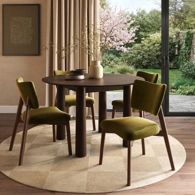 Round Walnut Flared Leg Dining Table Set with 4 Olive Green Velvet Curved Back Dining Chairs -  Hana