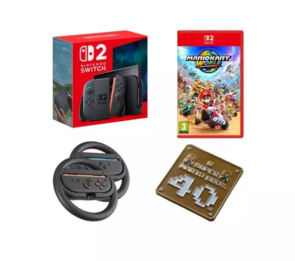 NINTENDO Switch 2, Super Mario Bros 40th Anniversary Keychain, Nintendo Joy-Con Racing Wheels & Mario Kart World Bundle