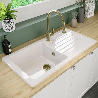 Single Bowl White Reversible Ceramic Inset Kitchen Sink with Brushed Brass Pull Out Mixer Tap Set - Taylor & Moore
