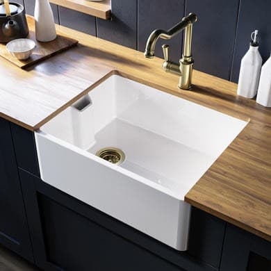 Single Bowl White Ceramic Belfast Kitchen Sink with Brushed Brass Kitchen Mixer Tap Set - Taylor & Moore
