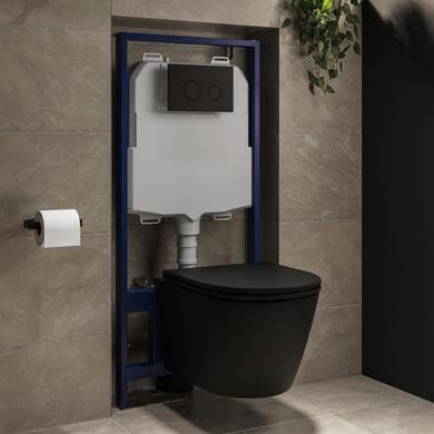Matt Black Wall Hung Rimless Toilet with Soft Close Seat, Matt Black Mechanical Flush Plate, 1168mm Frame & Cistern – Newport