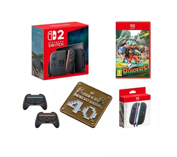 NINTENDO Switch 2, SWITCH 2 Splatoon Raiders, Switch Joy-Con 2 Wireless Controller Pair, NS2 Joy-Con 2 Grips & Super Mario Bros 40th Anniversary Keychain Bundle