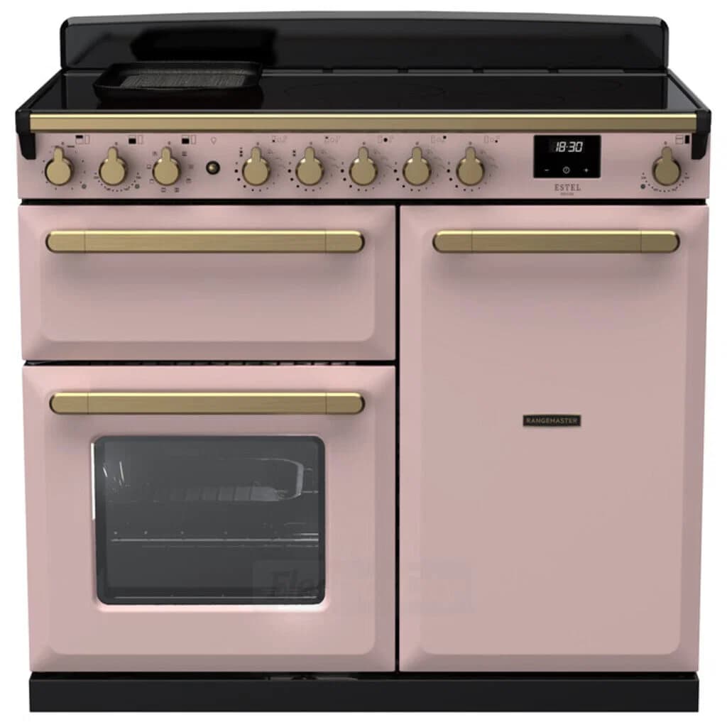 Rangemaster Estel Deluxe 100cm Induction Range Cooker | Pale Pink with Brass Trim