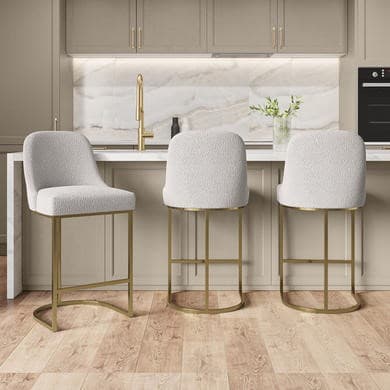 Set of 3 Beige Boucle Kitchen Stools with Gold Legs - Callie