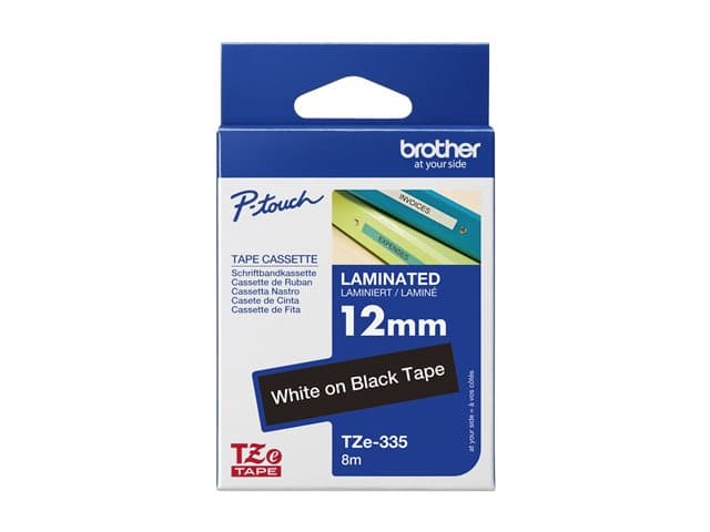TZE-335 LAMINATED TAPE 12MM 8M WHITE ON BLACK