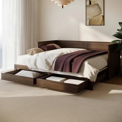Brown - Double Wooden Day Bed With Trundle and Storage - Lincoln