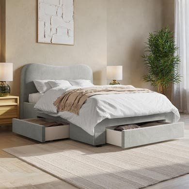 Grey Upholstered Double Bed Frame with Storage Drawers – Joanie