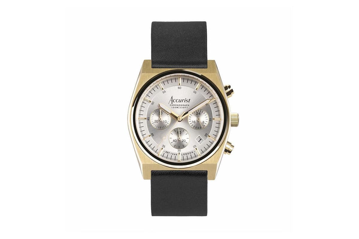 Accurist Origin Men's Chronograph Watch | Gold Case & Black Leather Strap With Silver Dial | 41mm