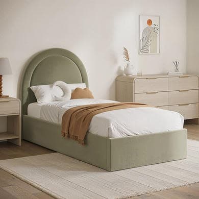 Sage green - Upholstered Single Side-Lift Ottoman Bed with Curved Headboard - Nora