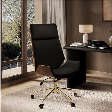 Black Faux Leather and Walnut High Back Swivel Office Chair - Forest