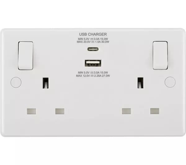 BG ELECTRICAL 822UAC30 Double Wall Socket with USB Type-C & USB - White