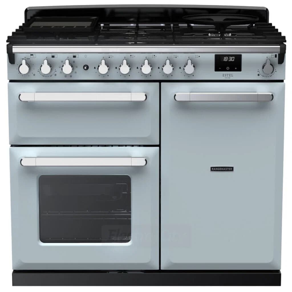 Rangemaster Estel Deluxe 100cm Dual Fuel Range Cooker | Misty Blue with Chrome Trim