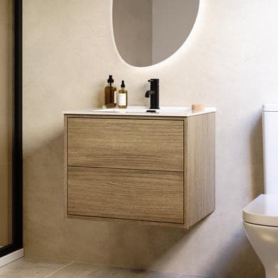 ONLY OPENED - 600mm Oak Wood Effect Wall Hung Vanity Unit with Basin - Palma