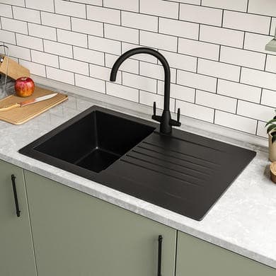 Single Bowl Inset Black Composite Square Kitchen Sink with Reversible Drainer - Essence Amelia
