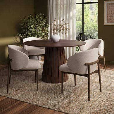 Round Walnut Dining Table Set with 4 Beige Upholstered Curved Dining Chairs - Owen