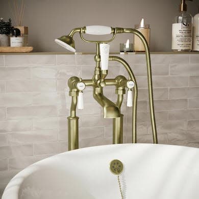Gold Freestanding Bath Shower Mixer Tap with Stand Pipes - Helston