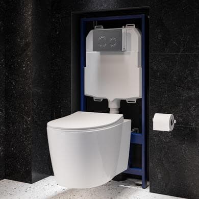 Wall Hung Rimless Toilet with Soft Close Seat, Chrome Mechanical Flush Plate, 1168mm Frame & Cistern – Alcor
