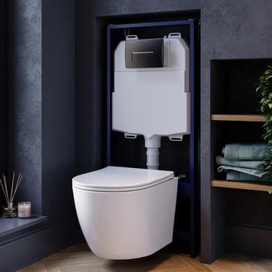 Wall Hung Rimless Toilet with Soft Close Seat, Gunmetal Pneumatic Flush Plate, 1168mm Frame & Cistern – Roma