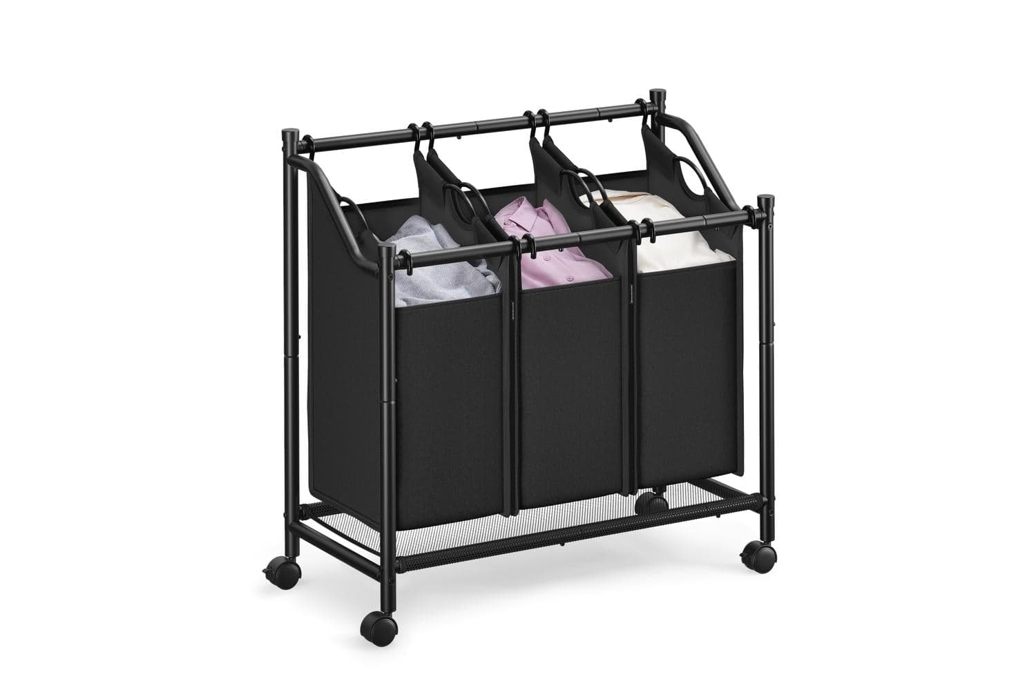 Rolling Laundry Basket Sorter | Laundry Hamper Trolley | Steel And Oxford Fabric | 135l | 80 X 38.5 X 81 Cm | Black