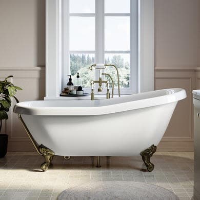Freestanding Single Ended Roll Top Slipper Bath with Brushed Brass Feet 1615 x 690mm - Park Royal