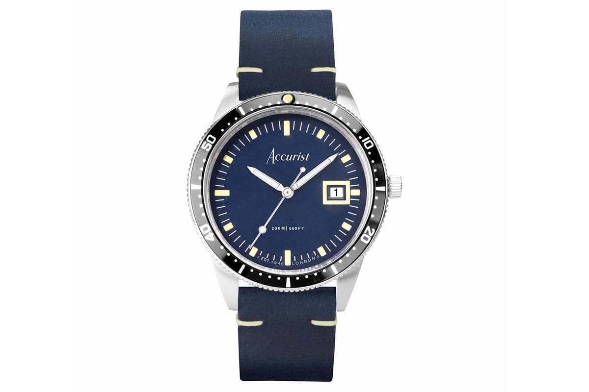 Accurist Dive Men's Watch | Silver Case & Blue Leather Strap With Windermere Blue Dial | 42mm