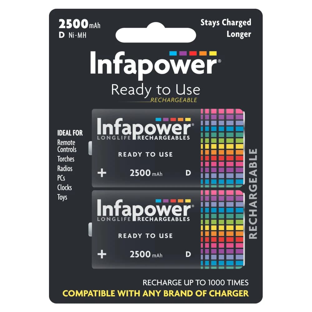 Infapower D Size 2500mAh Rechargeable Batteries - Pack of 2 | 210053
