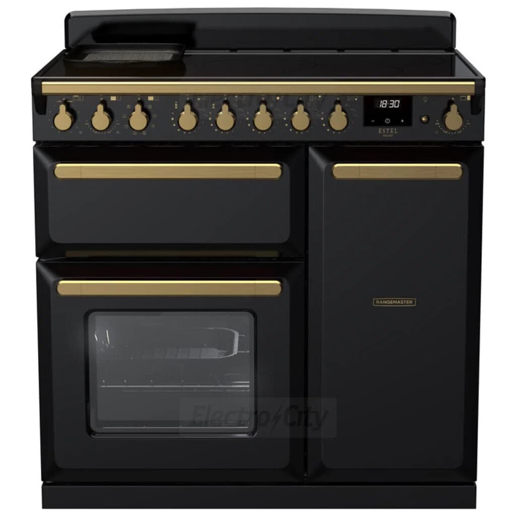 Rangemaster Estel Deluxe 90cm Induction Range Cooker | Black with Brass Trim