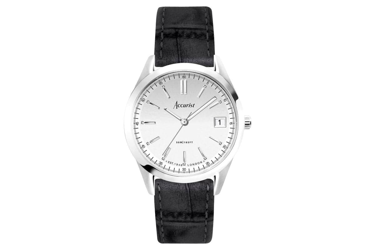 Accurist Everyday Unisex Watch | Silver Case & Black Leather Strap With Silver Dial | 36mm