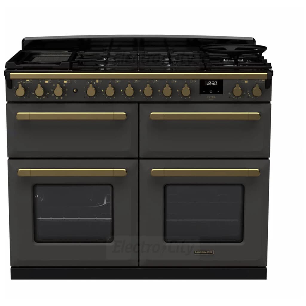 Rangemaster Estel Deluxe 110cm Dual Fuel Range Cooker with Slow Cook Oven | Slate with Brass Trim