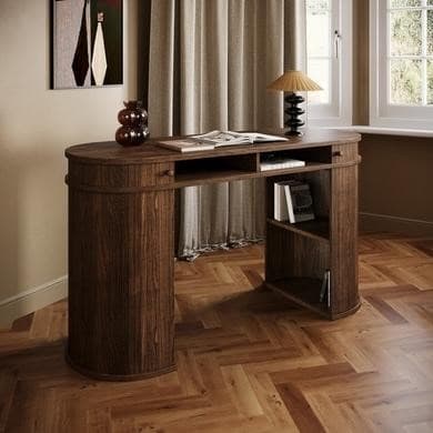 Dark Oak Curved Office Desk with Sliding Doors - Breuer