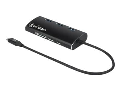 MANHATTAN - USB-C Dock/Hub with Card Reader, Ports (x6): Ethernet, HDMI, USB-A (x3) and USB-C, With Power Delivery (100W) to USB-C Port (Note additional USB-C wall charger and USB-C cable needed), Aluminium, Black, 3 Year