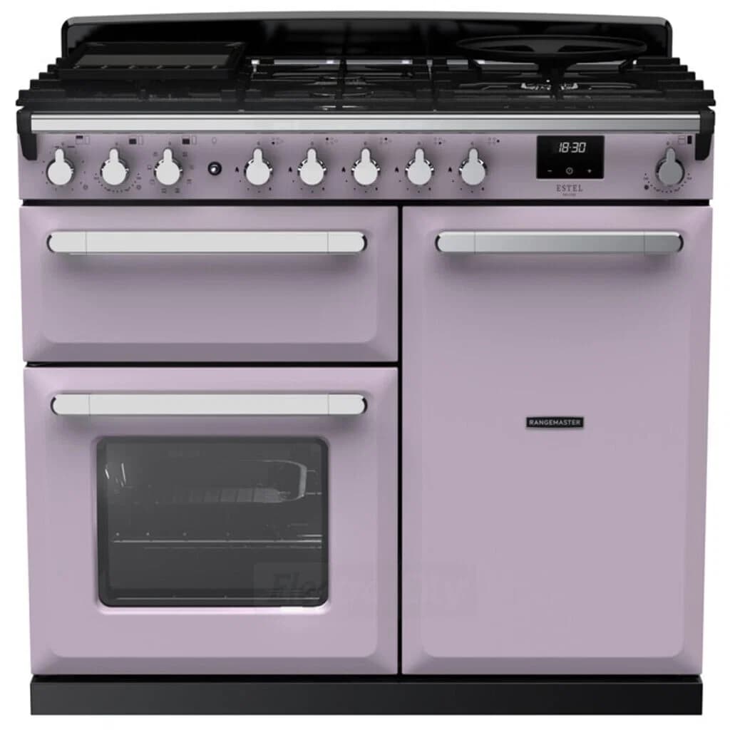 Rangemaster Estel Deluxe 100cm Dual Fuel Range Cooker | Heather with Chrome Trim