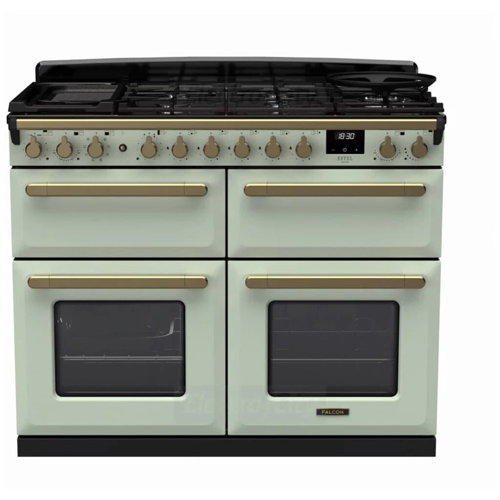 Rangemaster Estel Deluxe 110cm Dual Fuel Range Cooker with Slow Cook Oven | Mint with Brass Trim