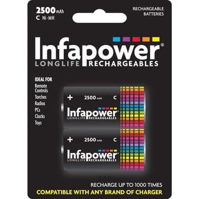 Infapower 2500mAh Rechargeable C Size Ni-MH Multi Usage Batteries 2 Pack - Black | 210046