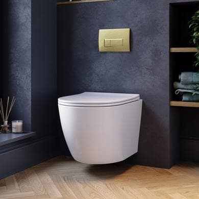 Wall Hung Rimless Toilet with Soft Close Seat, Brushed Brass Pneumatic Flush Plate, 820mm Frame & Cistern – Roma