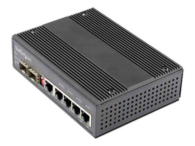 STARTECH.COM - Startech Industrial 6 Port Gigabit Ethernet Switch, 4 PoE RJ45 +2 SFP Slots 30W PoE+ 12-48VDC 10/100/1000 Rugged Power Over Ethernet LAN Switch -40C to 75C, DIN Mountable, Hardened - Fast Ethernet Switch (IES1G52UP12V) - switch - 6 ports